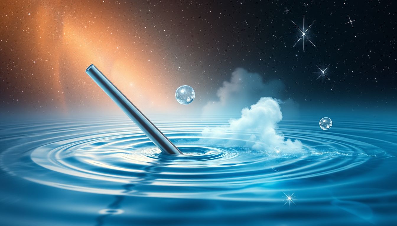 Ein Metallstab im Wasser symbolisiert verborgene Stärke und Reinigung.