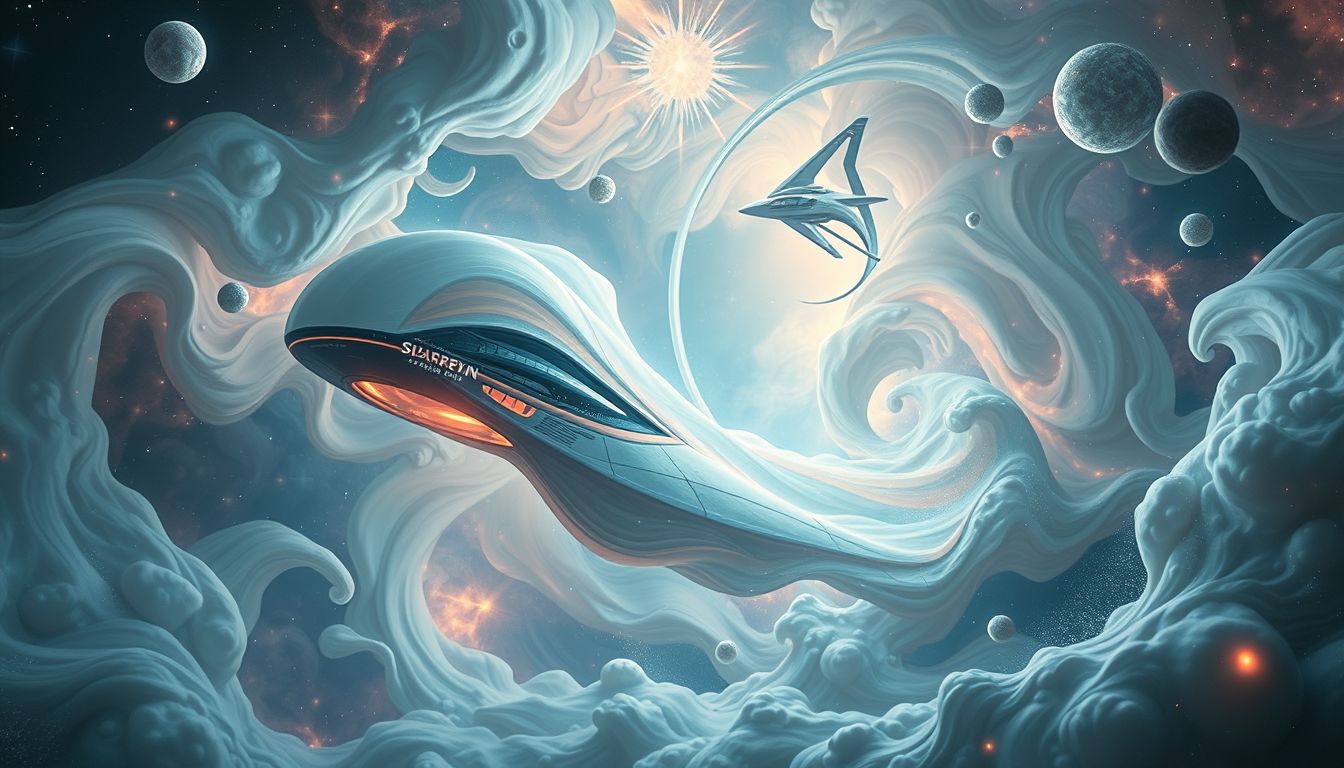 Das Raumschiff symbolisiert Zukunft, Entdeckung und grenzenloses Streben.