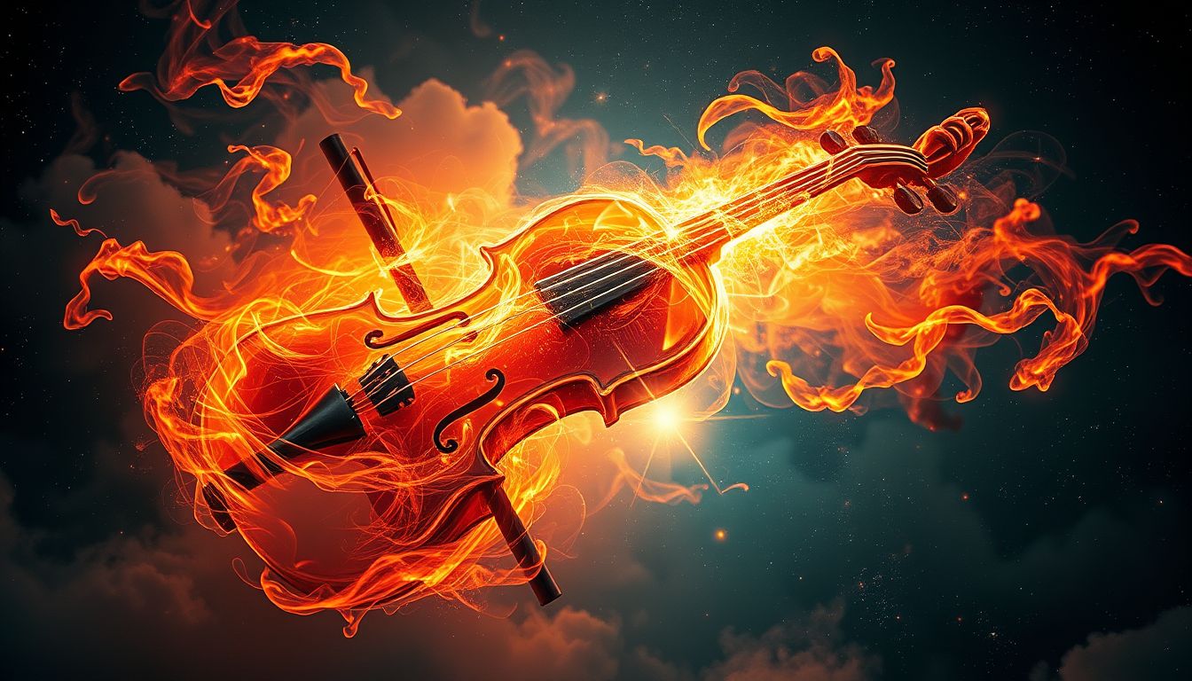 Eine brennende Violine symbolisiert kreative Erneuerung durch Zerstörung.