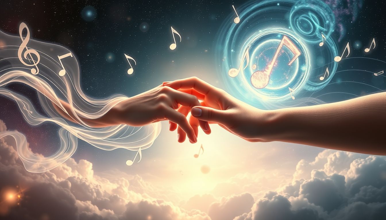 Ein Handschlag im Traum mit Musik symbolisiert harmonische Verbindung.