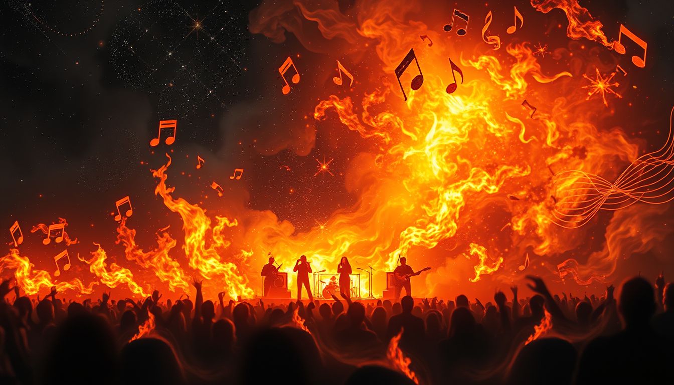 Ein brennendes Konzert symbolisiert intensive Leidenschaft und radikale Veränderung.
