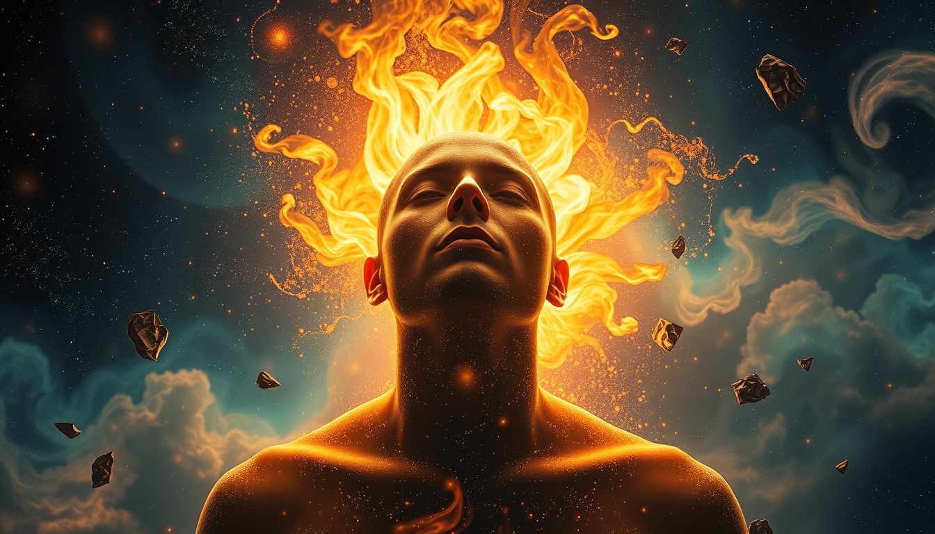 Ein brennendes Selbstporträt symbolisiert innere Reinigung und Neubeginn.