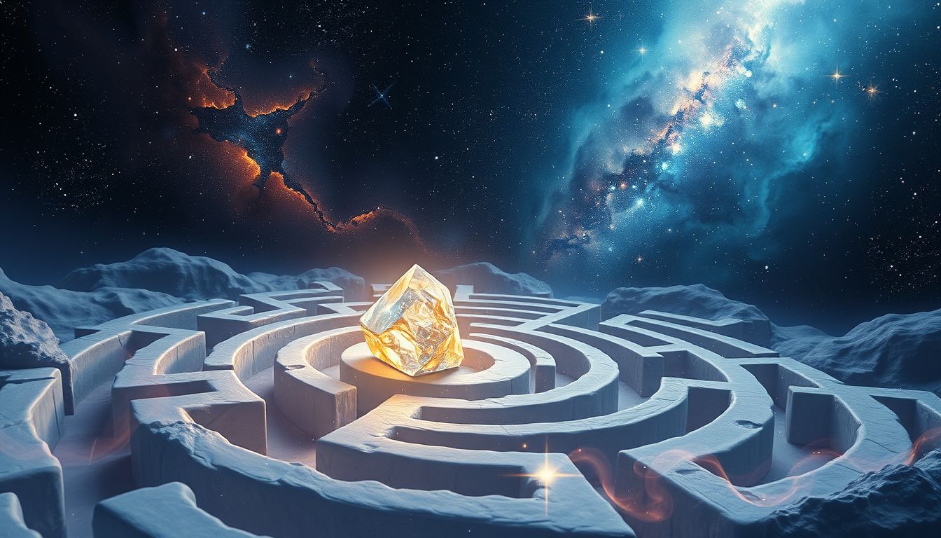 Ein Xylolith im Labyrinth symbolisiert verborgenes Wissen und Rätsel.