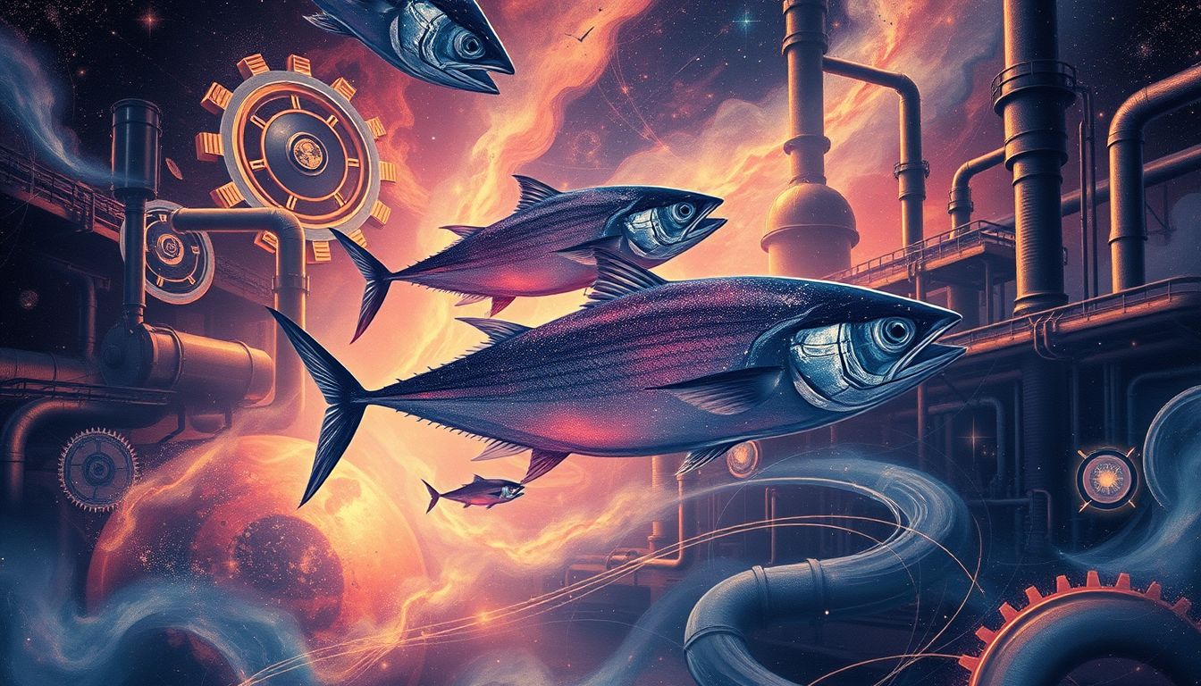 Thunfische in Fabriken symbolisieren oft Kontrollverlust und Umweltprobleme.