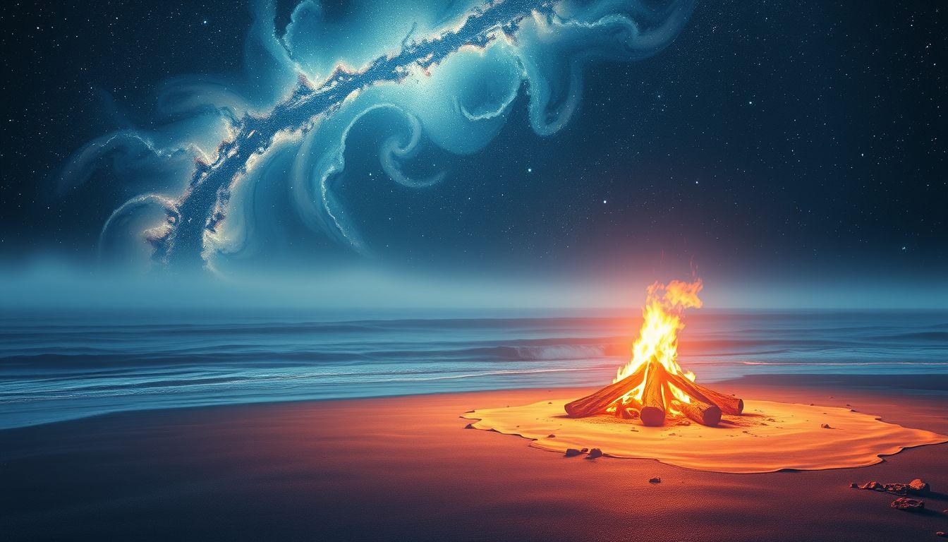 Ein Lagerfeuer am Strand symbolisiert Wärme und innere Geborgenheit.