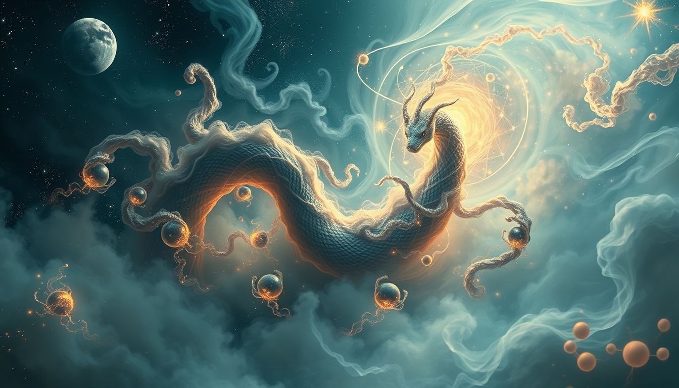 Der fliehende Uroboros symbolisiert Angst vor inneren Konflikten.