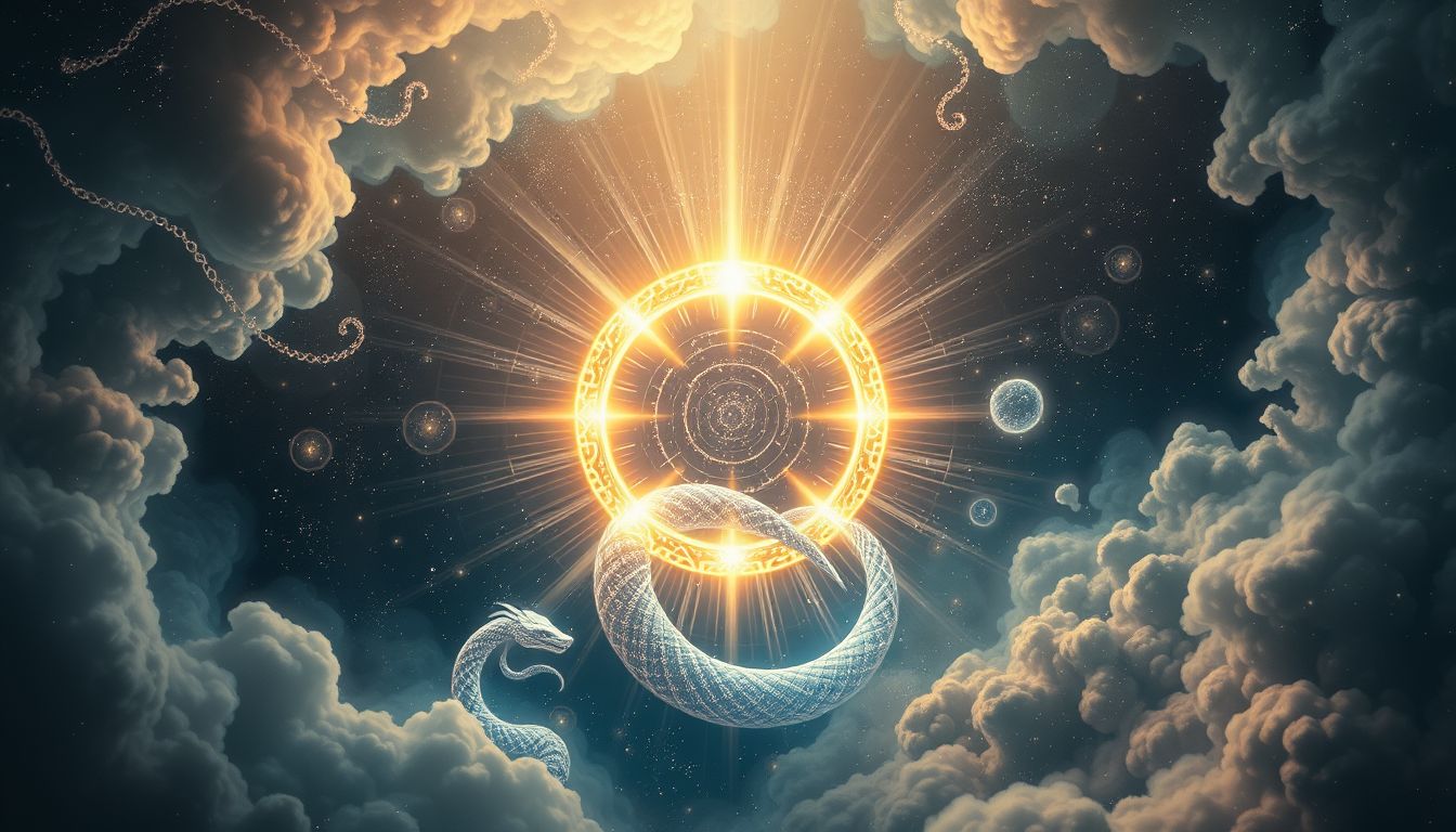 Der leuchtende Uroboros symbolisiert zyklische Erleuchtung im Traum.