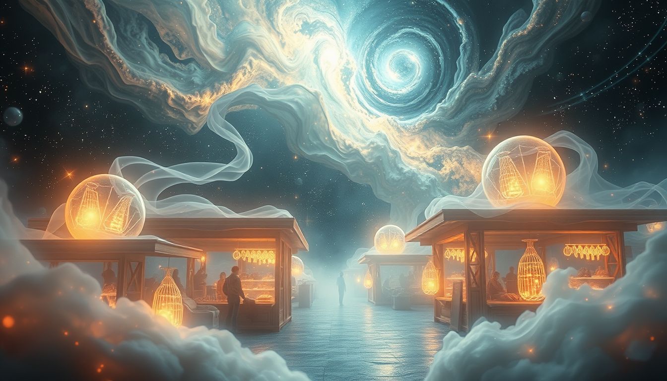 Ein futuristischer Markt symbolisiert Innovation und technologische Transformation im Traum.