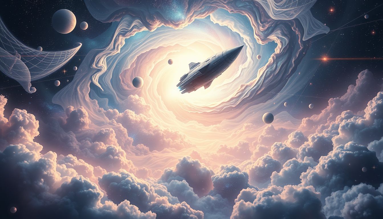 Das Aufsteigen im Raumschiff symbolisiert Fortschritt und unbekannte Zukunft.