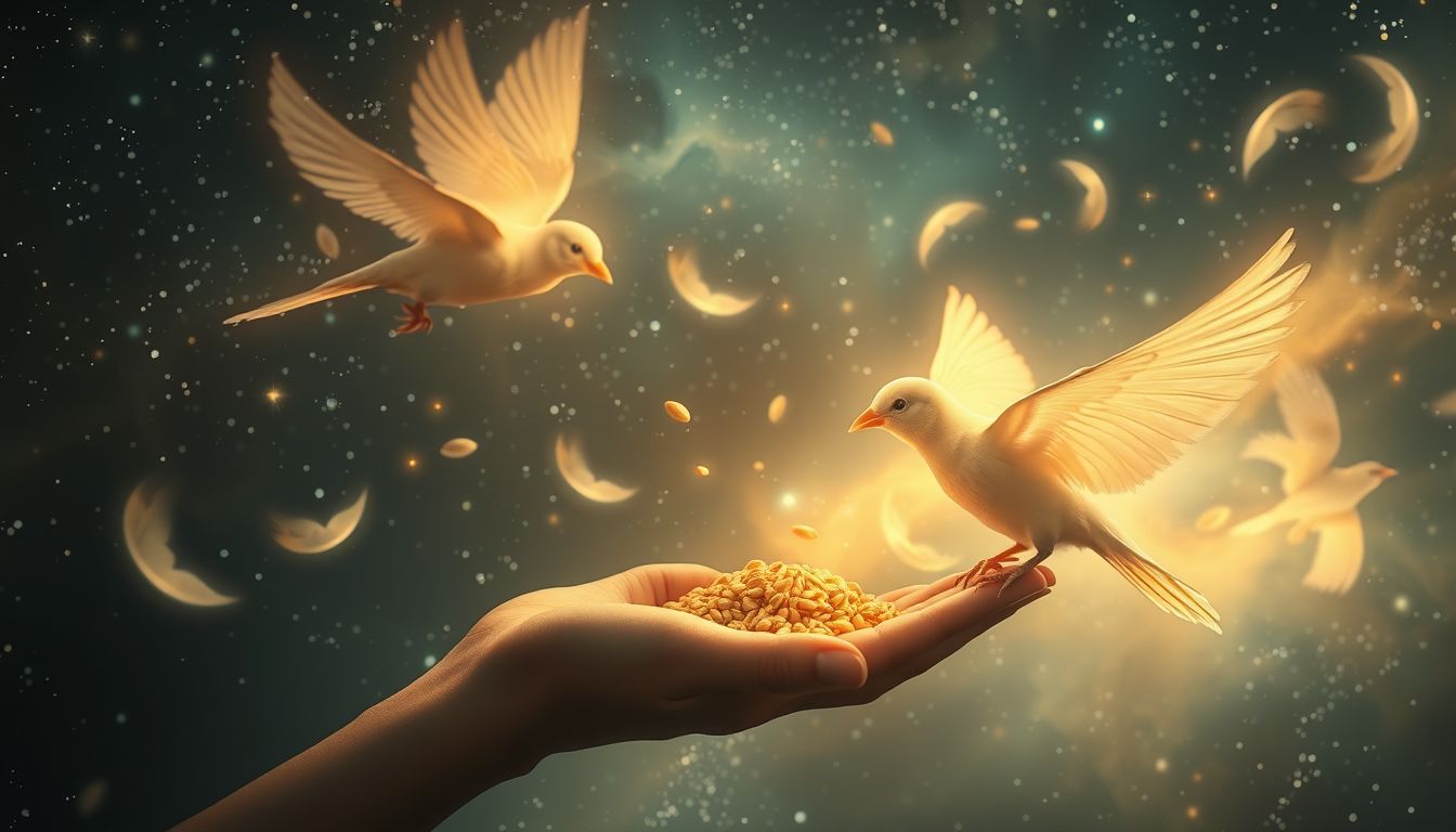 Vögel füttern symbolisiert Fürsorge und emotionale Nähe im Traum.