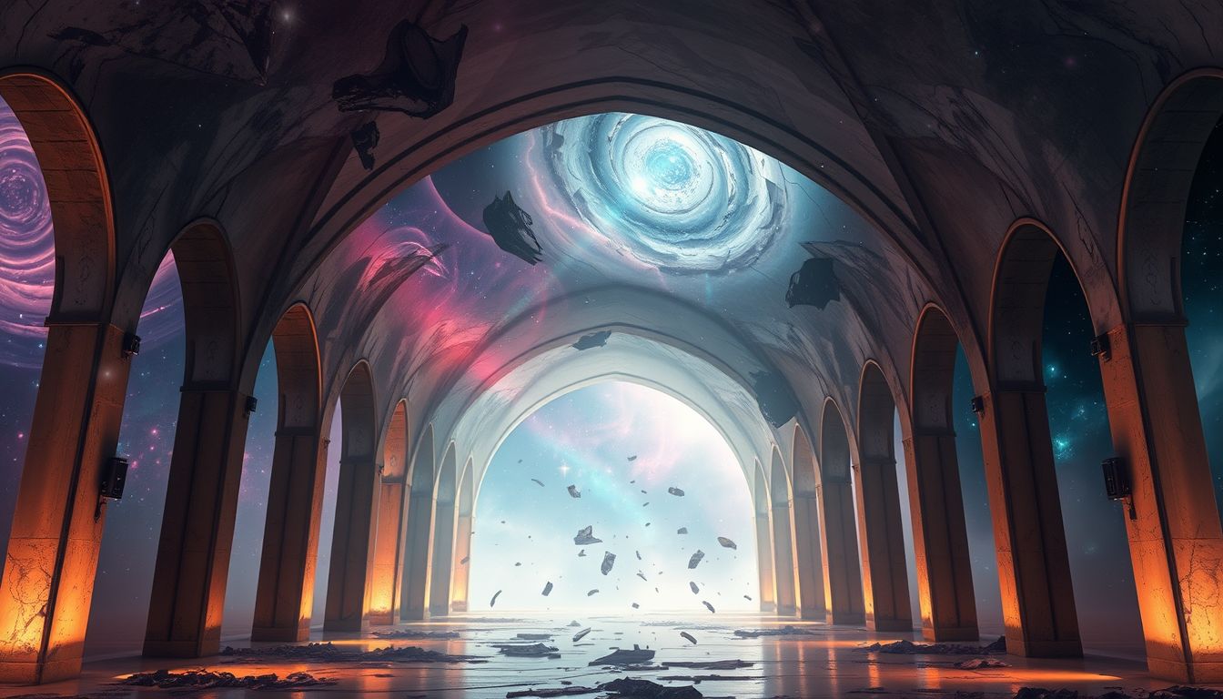Die verfallene Arkadenhalle symbolisiert Verlust und vergängliche Erinnerungen.