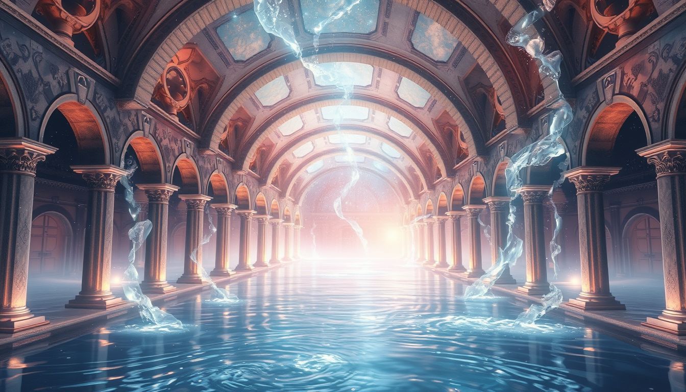 Wasser in Arkadenhallen symbolisiert Reinigung und inneren Neuanfang.