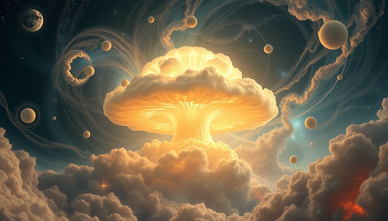 Die atomare Wolke symbolisiert zerstörerische Kräfte und bleibende Ängste.