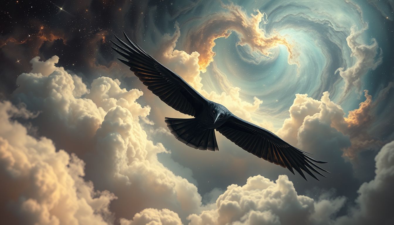 Ein fliegender Rabe symbolisiert oft Freiheit und innere Transformation.