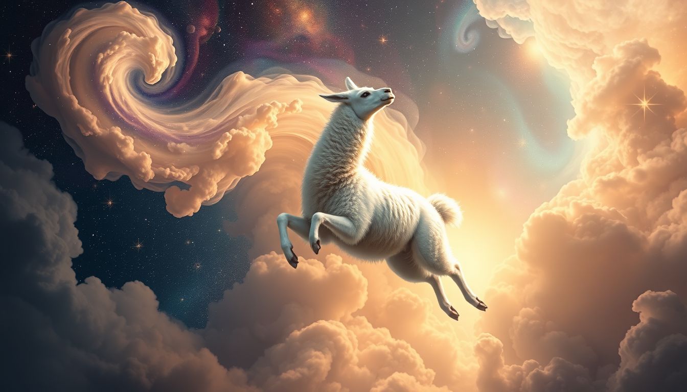 Ein fliegendes Lama symbolisiert Freiheit und spirituelle Erhebung im Traum.