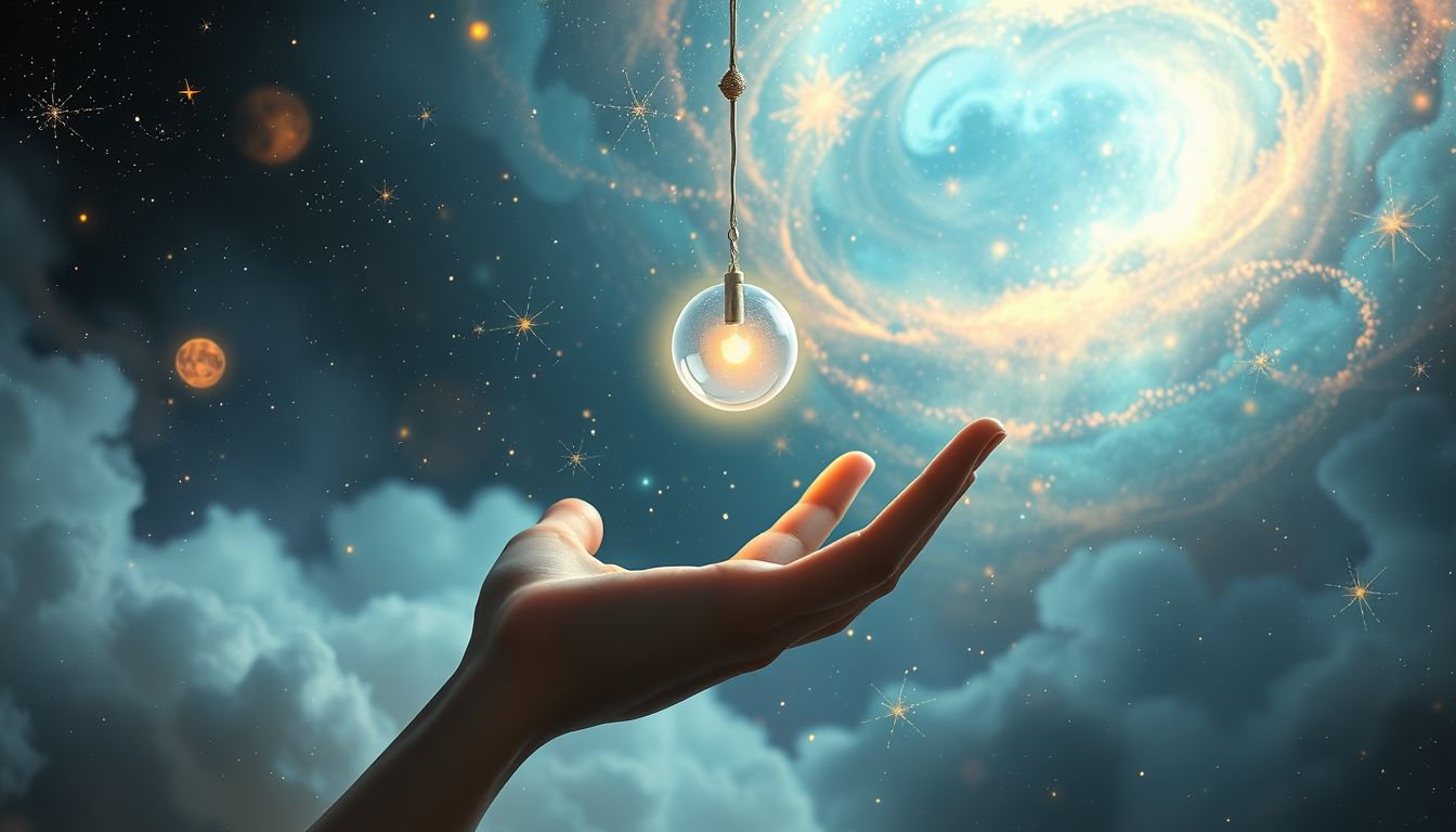 Ein Pendel in der Hand symbolisiert Kontrolle über innere Entscheidungen.