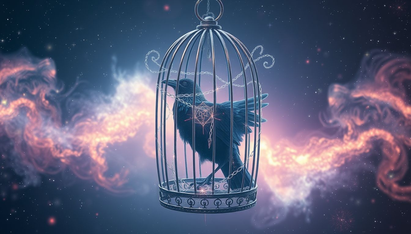 Ein Rabe im Käfig symbolisiert oft verlorene Freiheit und Kreativität.