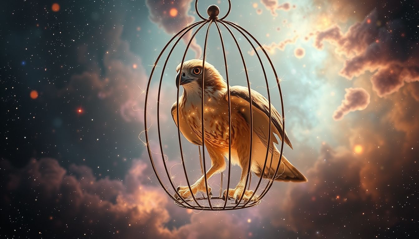 Eine Weihe im Käfig symbolisiert gefangene Freiheit und Selbstbeschränkung.