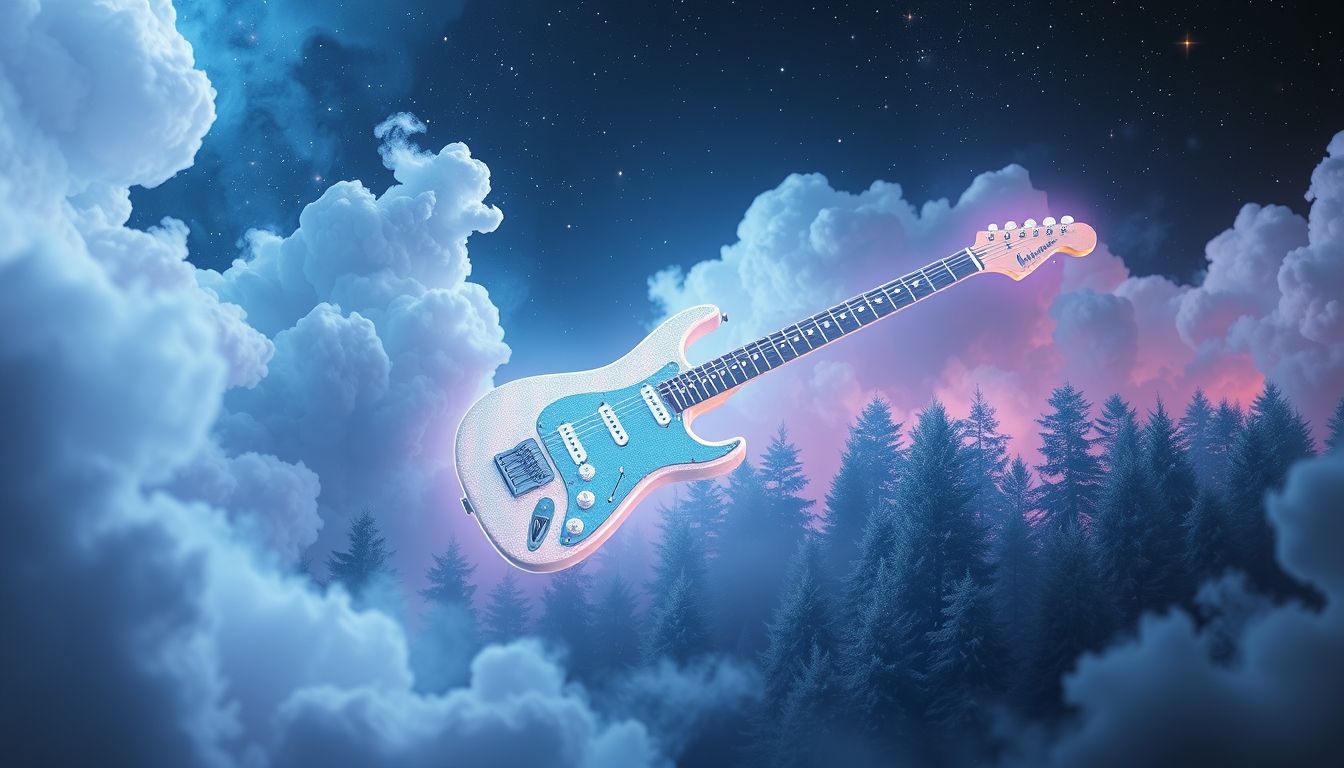 Eine E-Gitarre in der Natur symbolisiert kreative Freiheit und innere Harmonie.