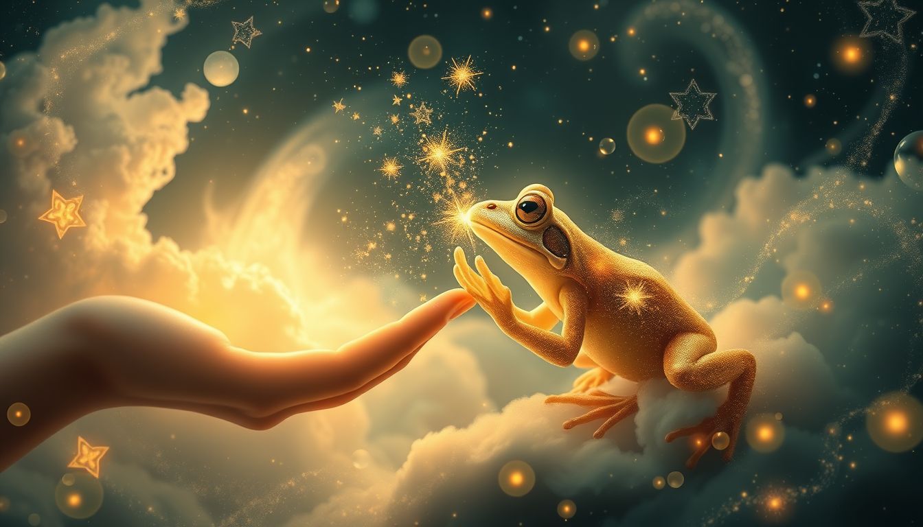 Einen Frosch küssen symbolisiert oft unerwartete Liebe und Verwandlung.