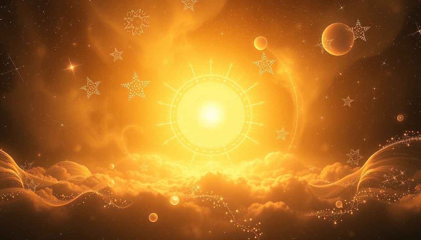 Eine leuchtend goldene Aura symbolisiert spirituelle Erleuchtung und Schutz.