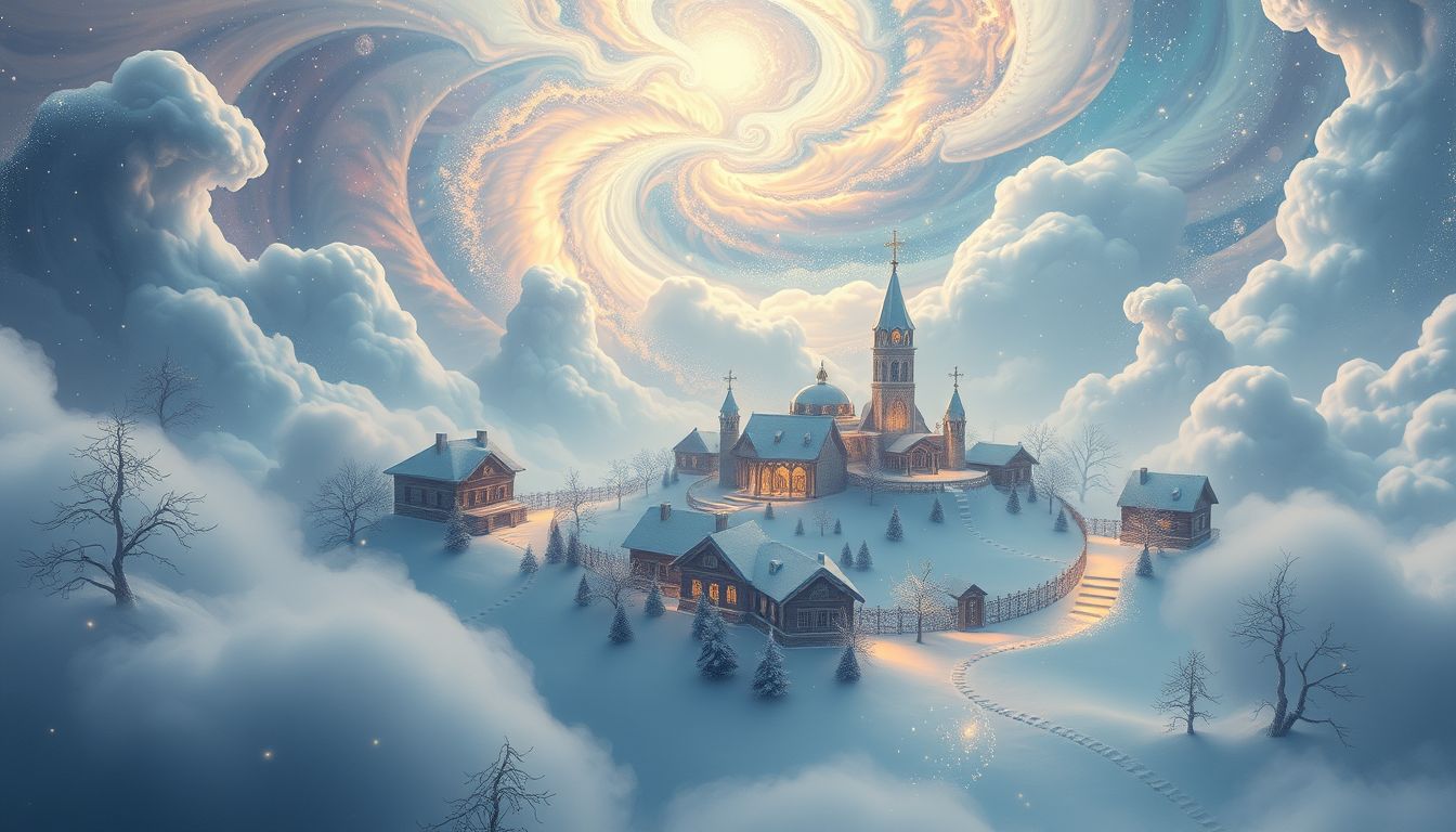 Ein schneebedecktes Dorf symbolisiert Ruhe und innere Einkehr.