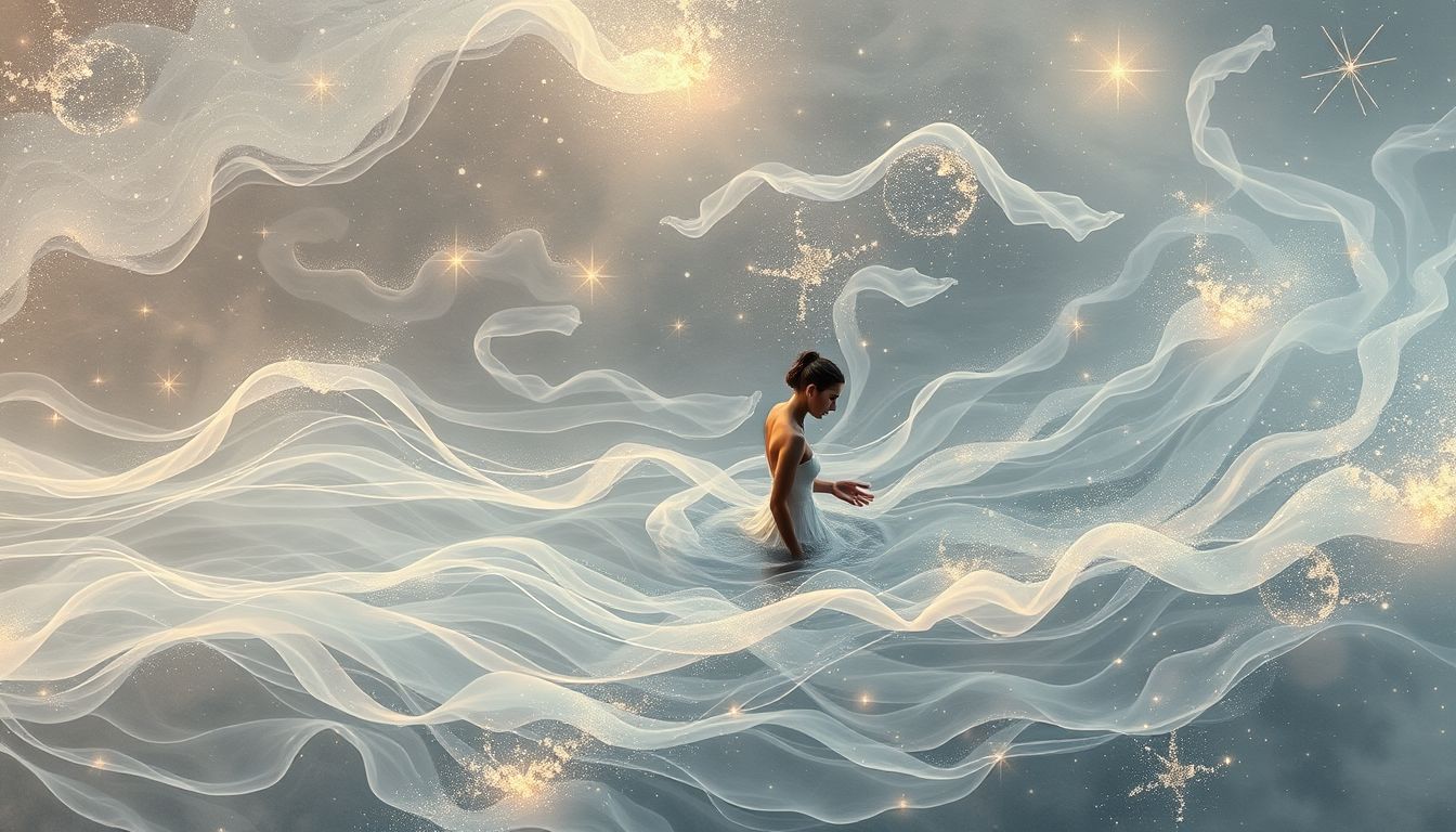 Eine Wäscherin am Fluss symbolisiert Reinigung und emotionalen Fluss.