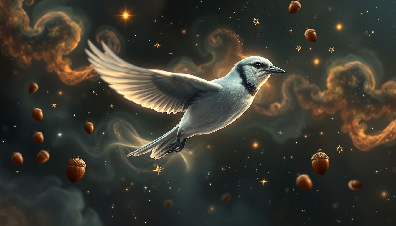 Ein fliegender Eichelhäher symbolisiert Freiheit und Lebensfreude im Traum.