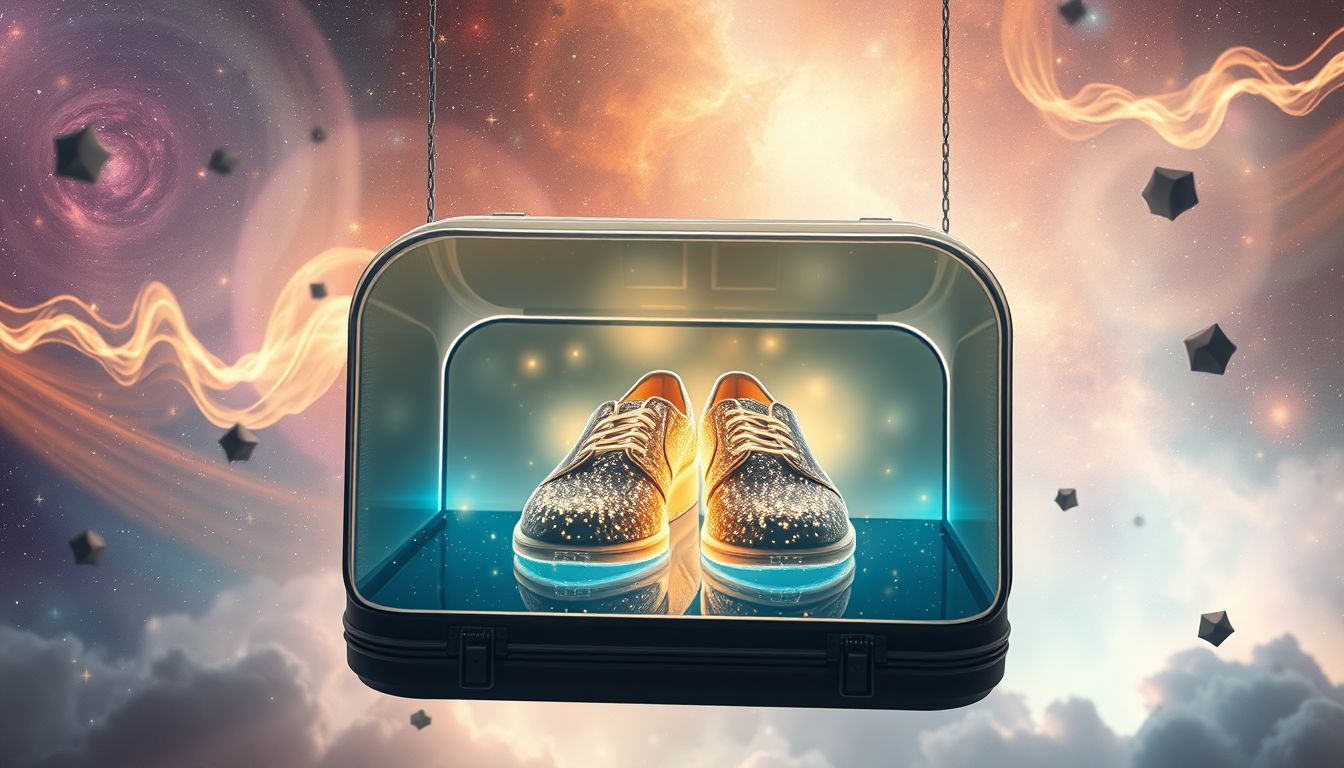 Glänzende Schuhe in Vitrine symbolisieren Erfolg und Selbstbewusstsein.