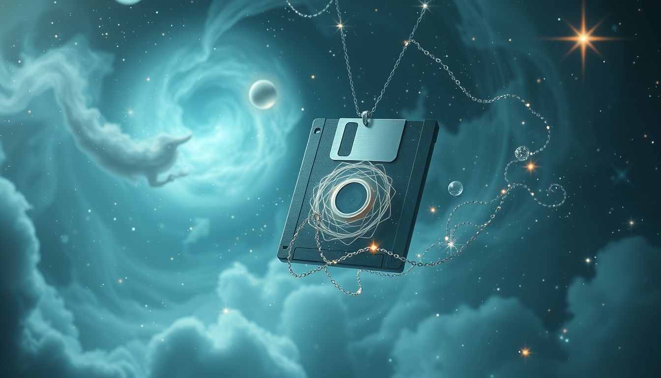 Eine Diskette als Schmuck symbolisiert nostalgische Verbindung zur Vergangenheit.