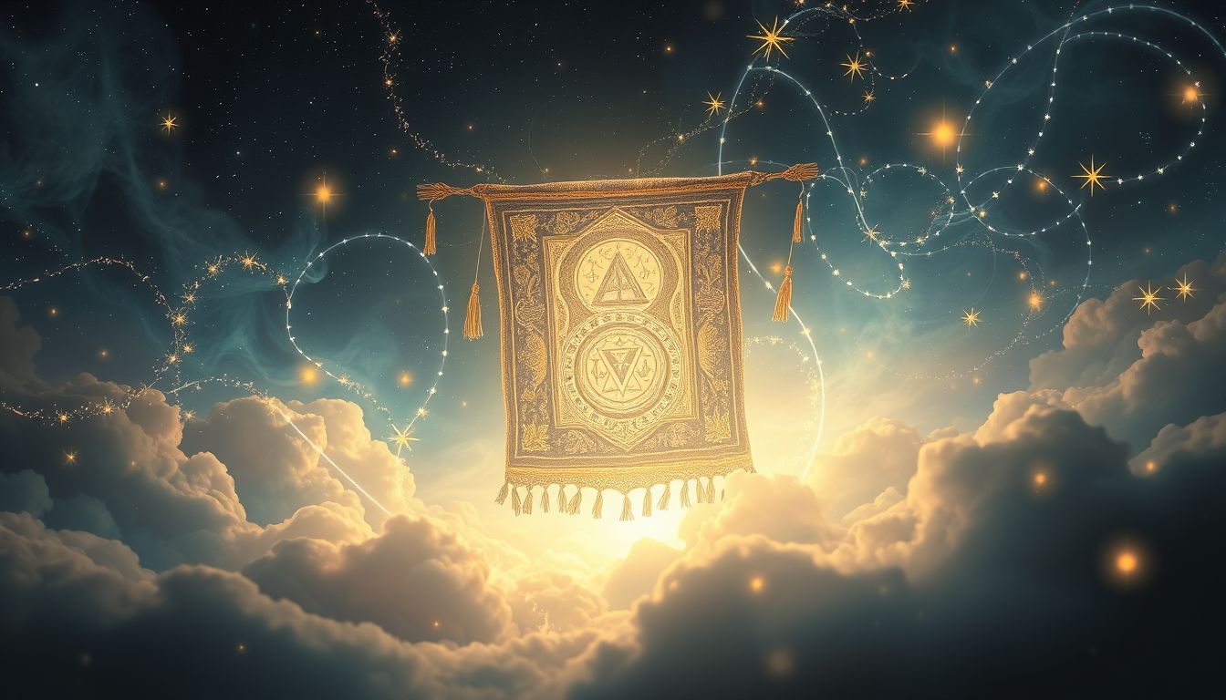 Ein Wandteppich mit religiösen Motiven symbolisiert spirituelle Führung im Traum.