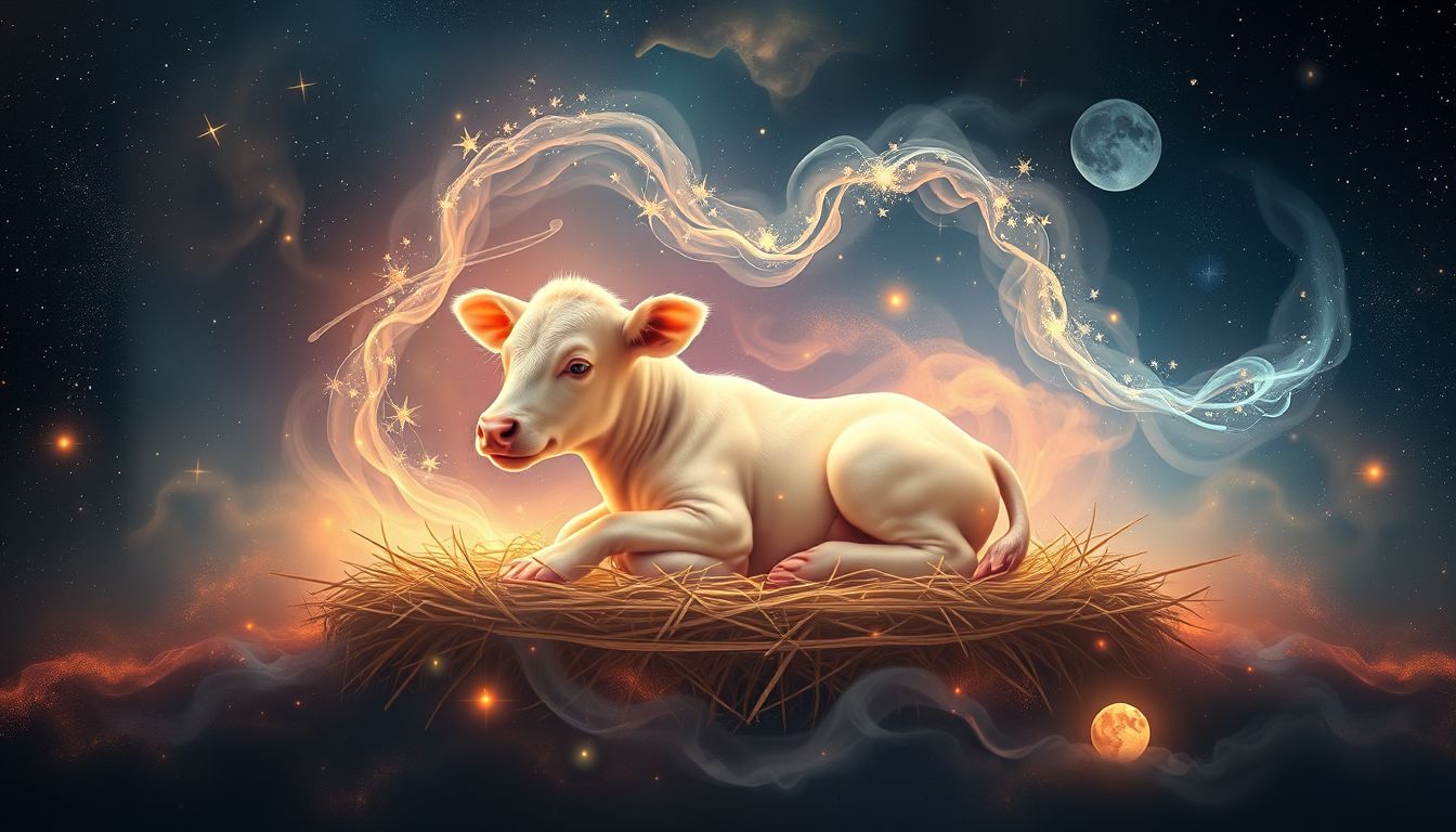 Ein neugeborenes Kalb symbolisiert Neuanfang und unschuldige Hoffnung.