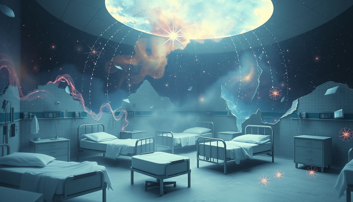 Ein Hospital im Kriegszustand symbolisiert innere Konflikte und Chaos.