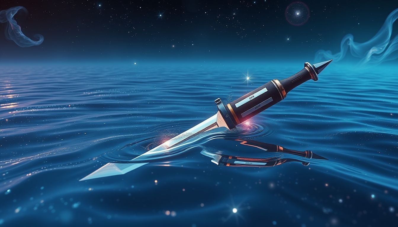 Ein Seitengewehr im Wasser symbolisiert verborgene Konflikte und Emotionen.