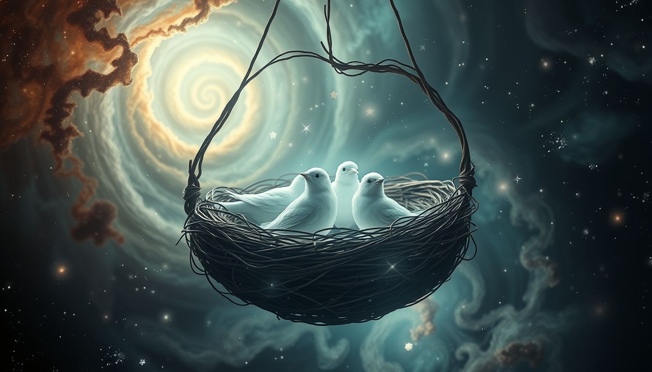 Ein Vogelnest mit kranken Vögeln symbolisiert Sorgen um Schutz.