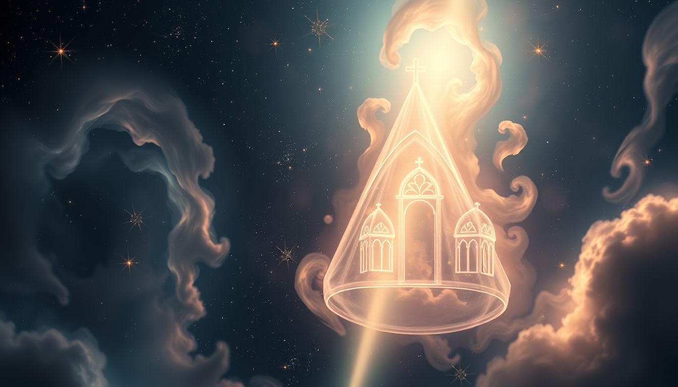 Der Eintritt in eine provisorische Kirche symbolisiert spirituelle Übergangsphasen.