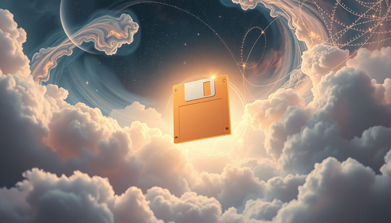 Eine fliegende Diskette symbolisiert Freiheit und unerwartete Möglichkeiten im Traum.