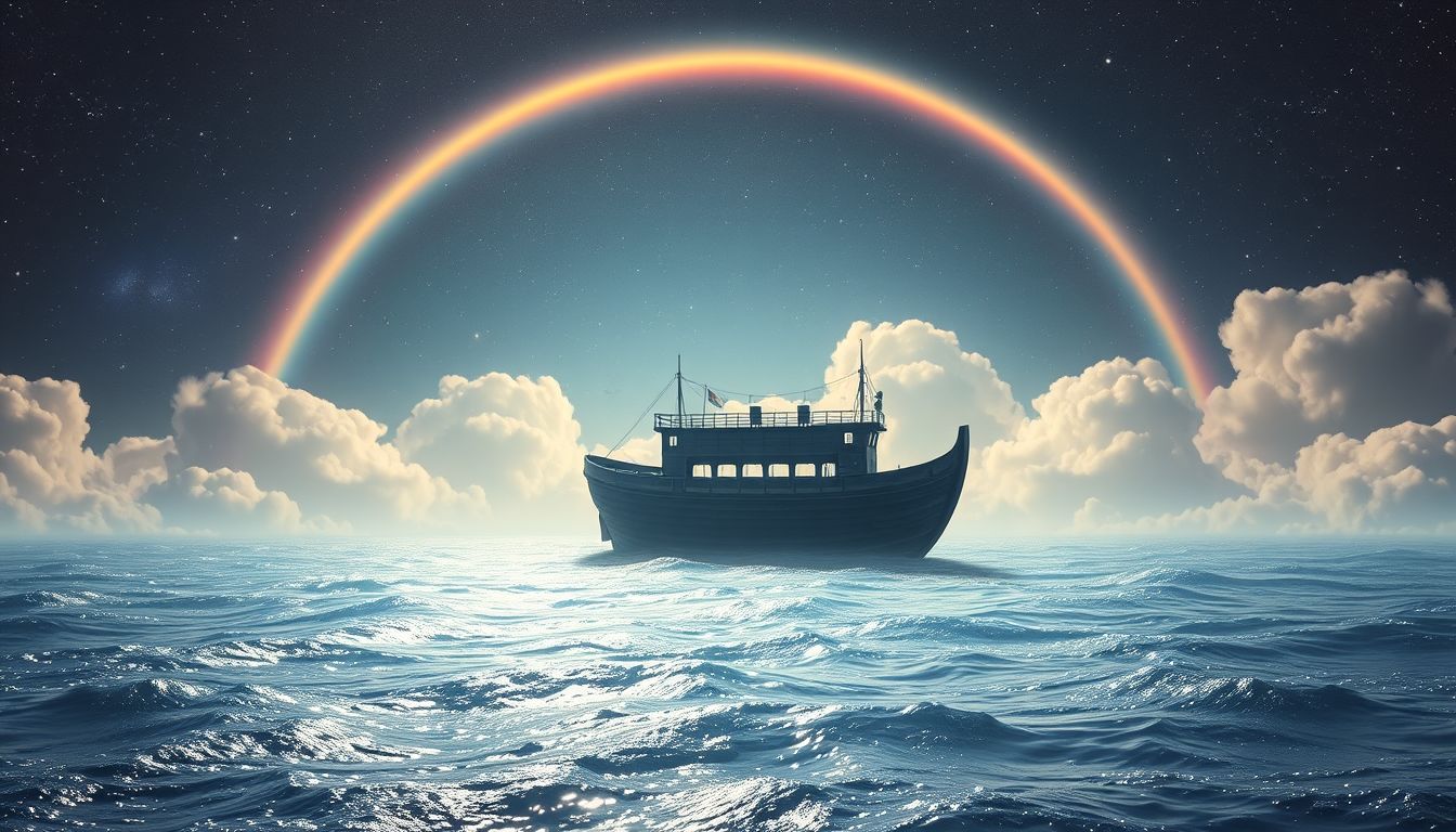 Ein Regenbogen nach der Flut symbolisiert Hoffnung und neuen Anfang.