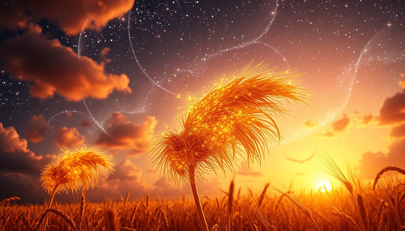 Ein Sonnenuntergang hinter Garben symbolisiert Lebenszyklen und Abschied.