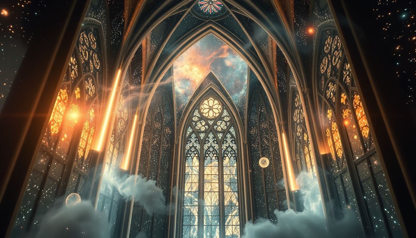 Ein Seitengewehr in der Kirche symbolisiert inneren Konflikt und Schutz.
