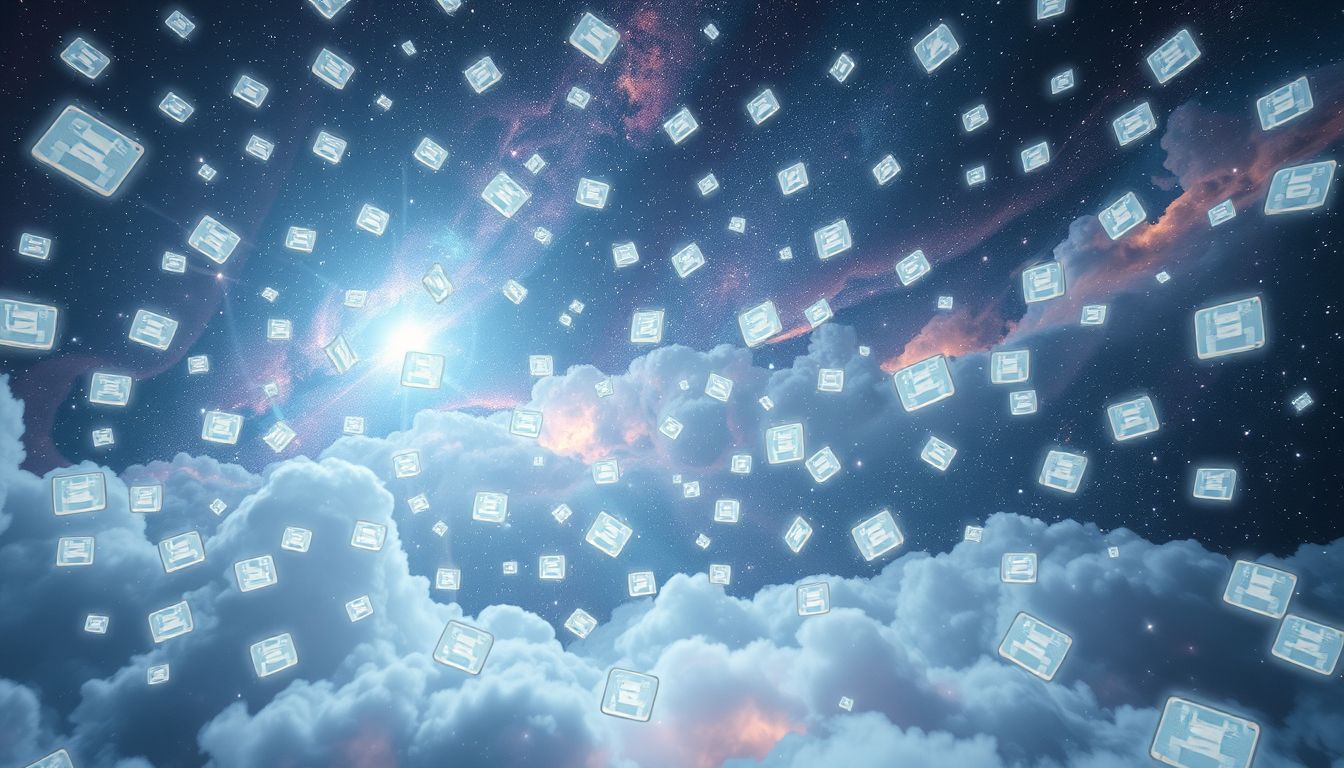 Viele Disketten im Raum symbolisieren zahlreiche unerledigte Gedanken.
