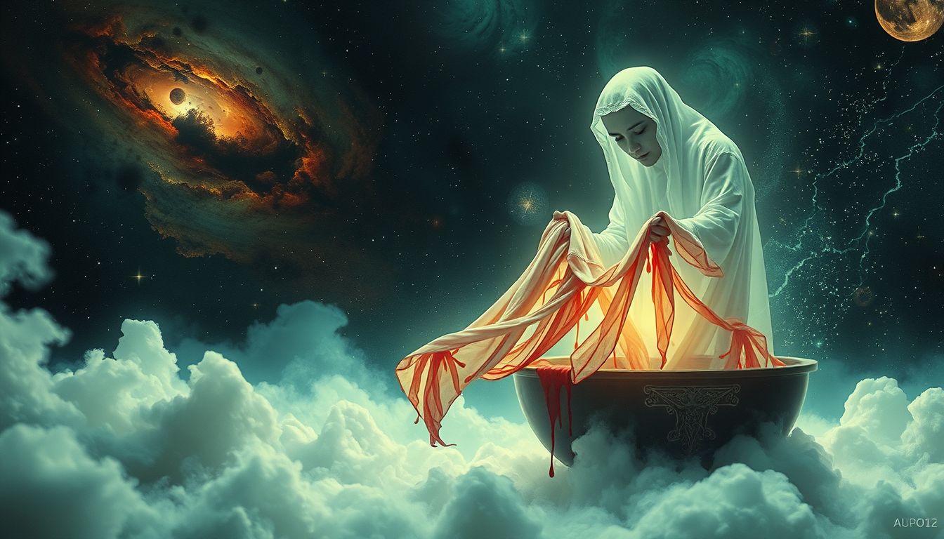 Blutbefleckte Wäsche symbolisiert innere Konflikte und ungelöste Schuld.
