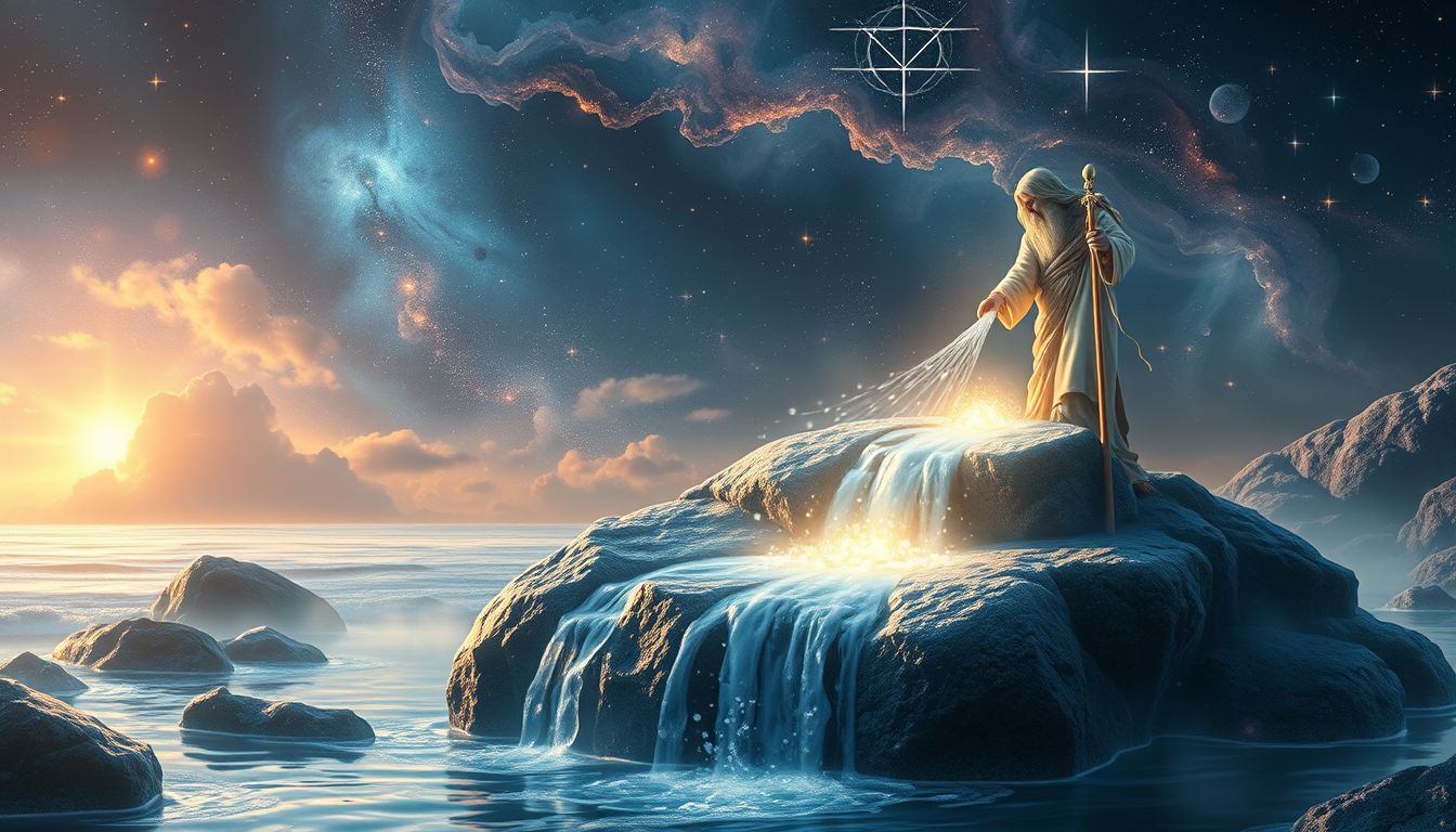 Moses schlägt Wasser aus Felsen – Symbol für göttliche Versorgung.