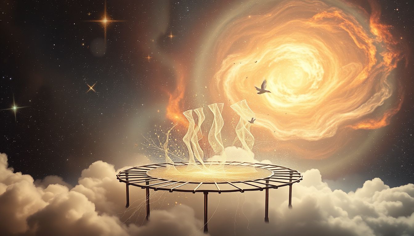 Ein kaputtes Trampolin symbolisiert wankende Sicherheit und Haltverlust.