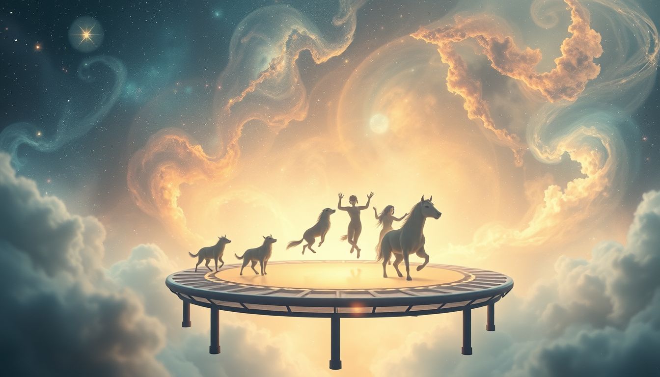 Trampolinspringen mit Tieren symbolisiert ungebändigte Instinkte und Freiheit.