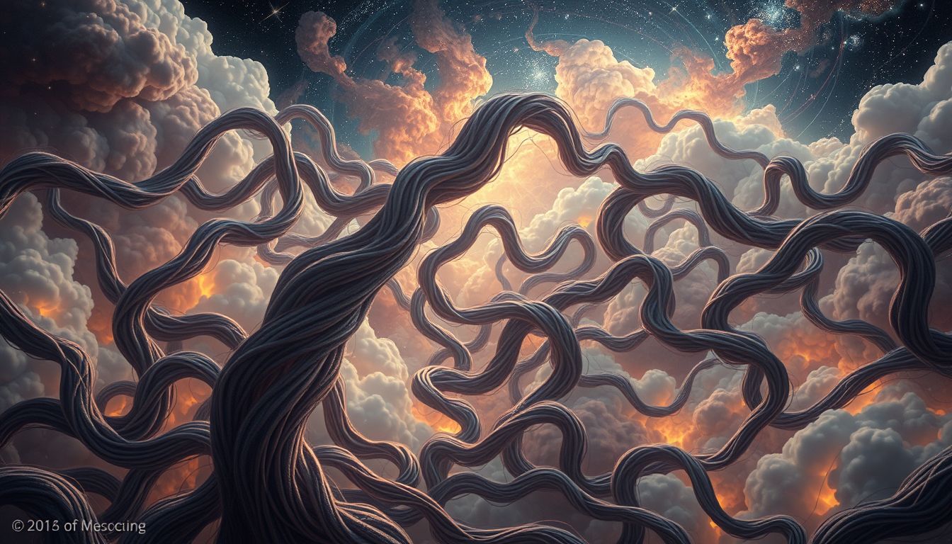 Ein Labyrinth aus Haaren symbolisiert innere Verwirrung und Identitätssuche.