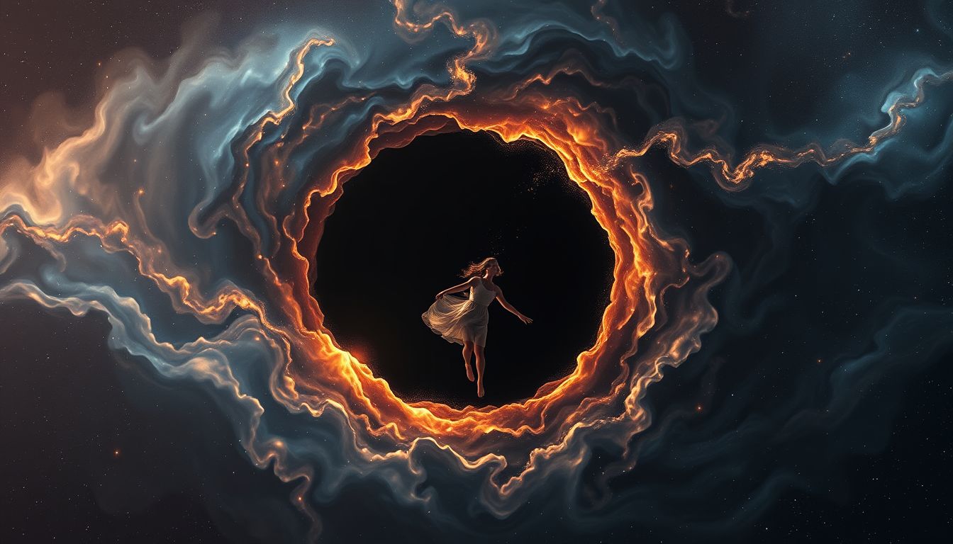 Das Fallen ins schwarze Loch symbolisiert Identitätsverlust und Sinnleere.