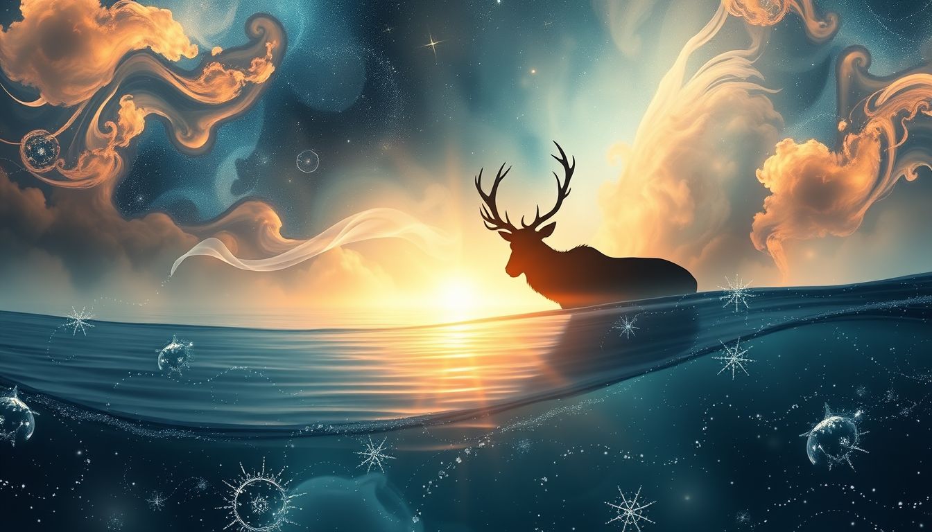 Ein Wapiti symbolisiert emotionale Reinigung und intuitive Klarheit am Wasser.