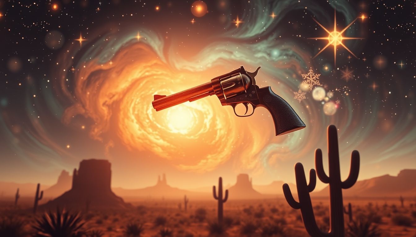 Ein Revolver im Western symbolisiert Mut und gefährliche Freiheit.