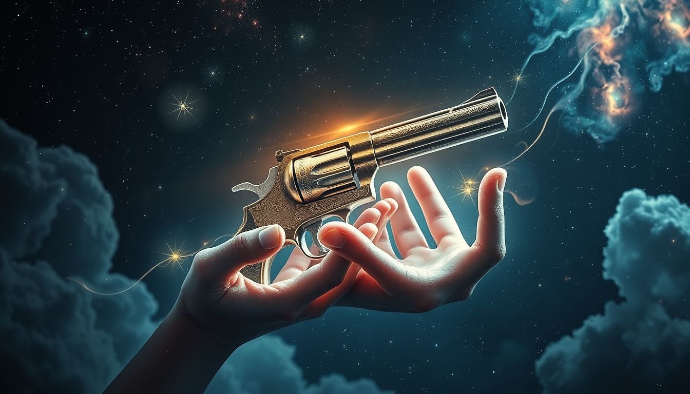 Ein Revolver als Erbstück symbolisiert familiäre Verantwortung und Macht.